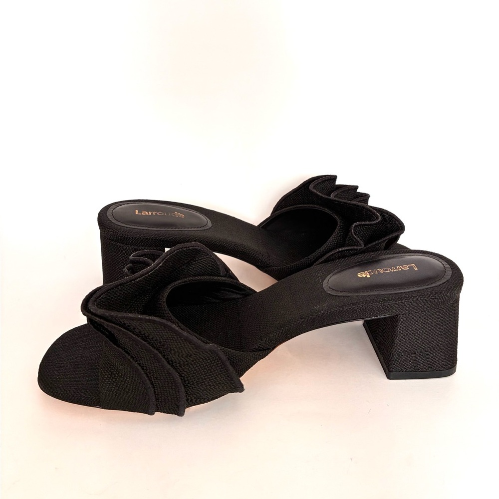 Larroude Brigitte Ruffle Raffia Block Heel Sandals (9.5) - Picture 4 of 13